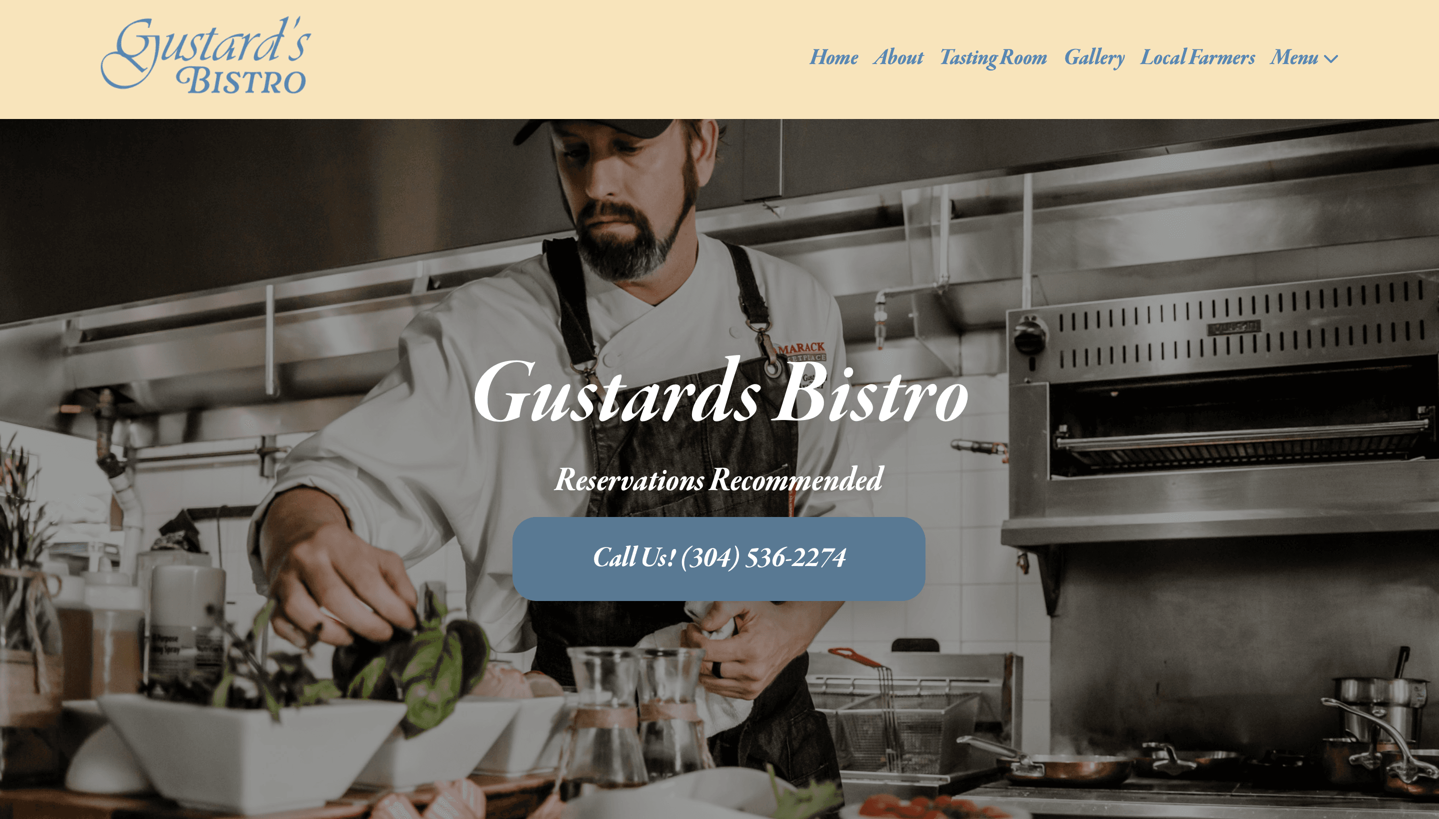 Gustard's Bistro restaurant website homepage showing menu and local sourcing